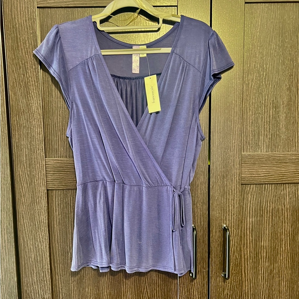 Francesca's Collections Periwinkle Wrap Blouse with Cap Sleeves